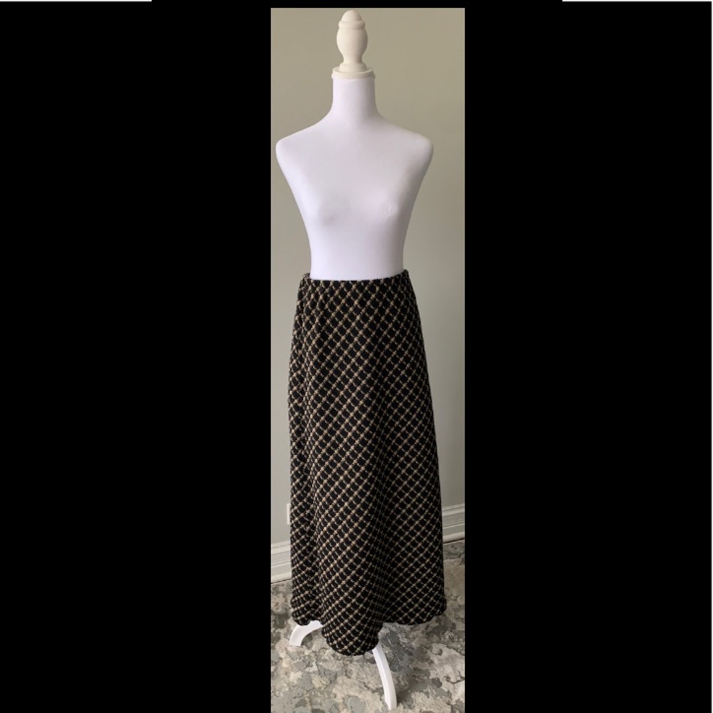 Vintage Italian Wool Blend Midi Skirt in Black & Tan Check print